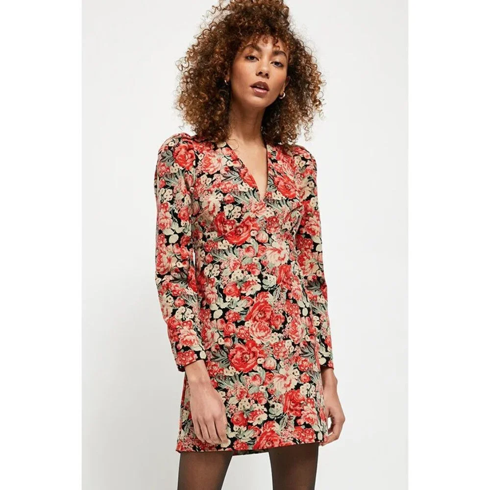 Free People Kapowski Dress Floral Corduroy Mini V Neck Long Sleeve